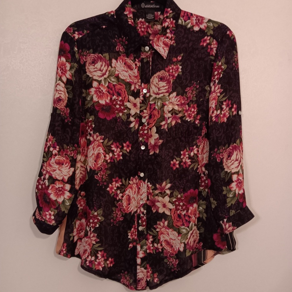 Signature Studio Floral Print Button Down Top Striped Contrast Womens Medium